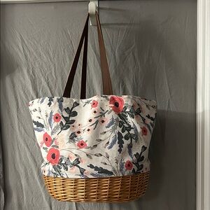 Chic Floral Canvas Tote with Wicker Base